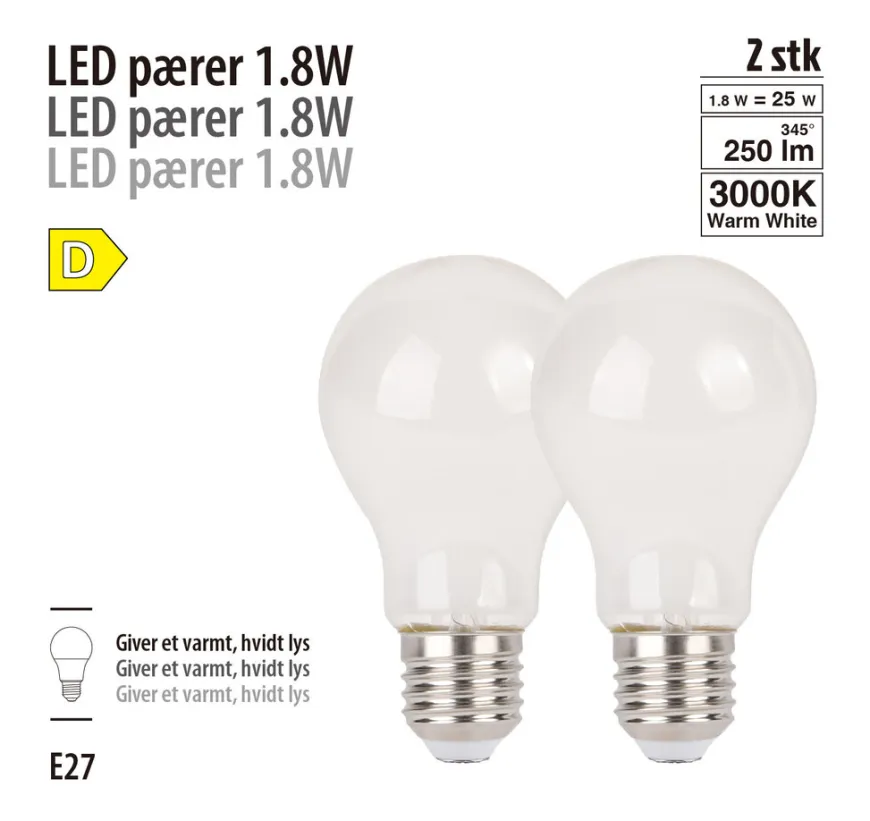 LED-filamentpærer 1,8 W E27 - 2-pk.
