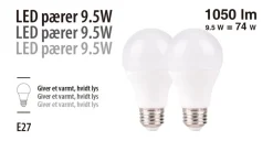 LED-pærer standart 9,5 W E27 - 2-pk.
