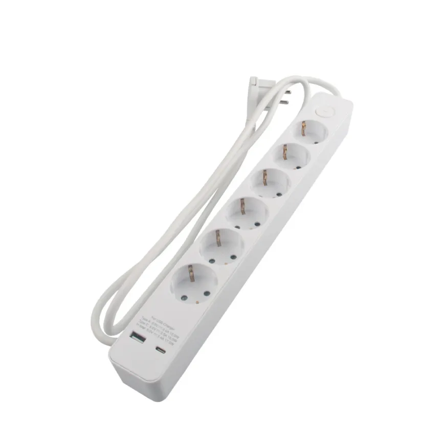 Skjøteledning 6-veis schuko m/USB og bryter hvit 1,5 m
